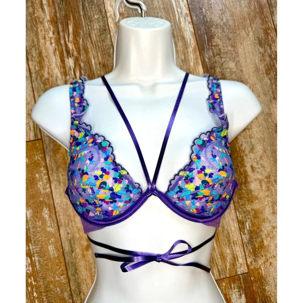 Savage X Fenty Steamy Floral Lace Bra 34B & Thong Medium Set Purple Royale
